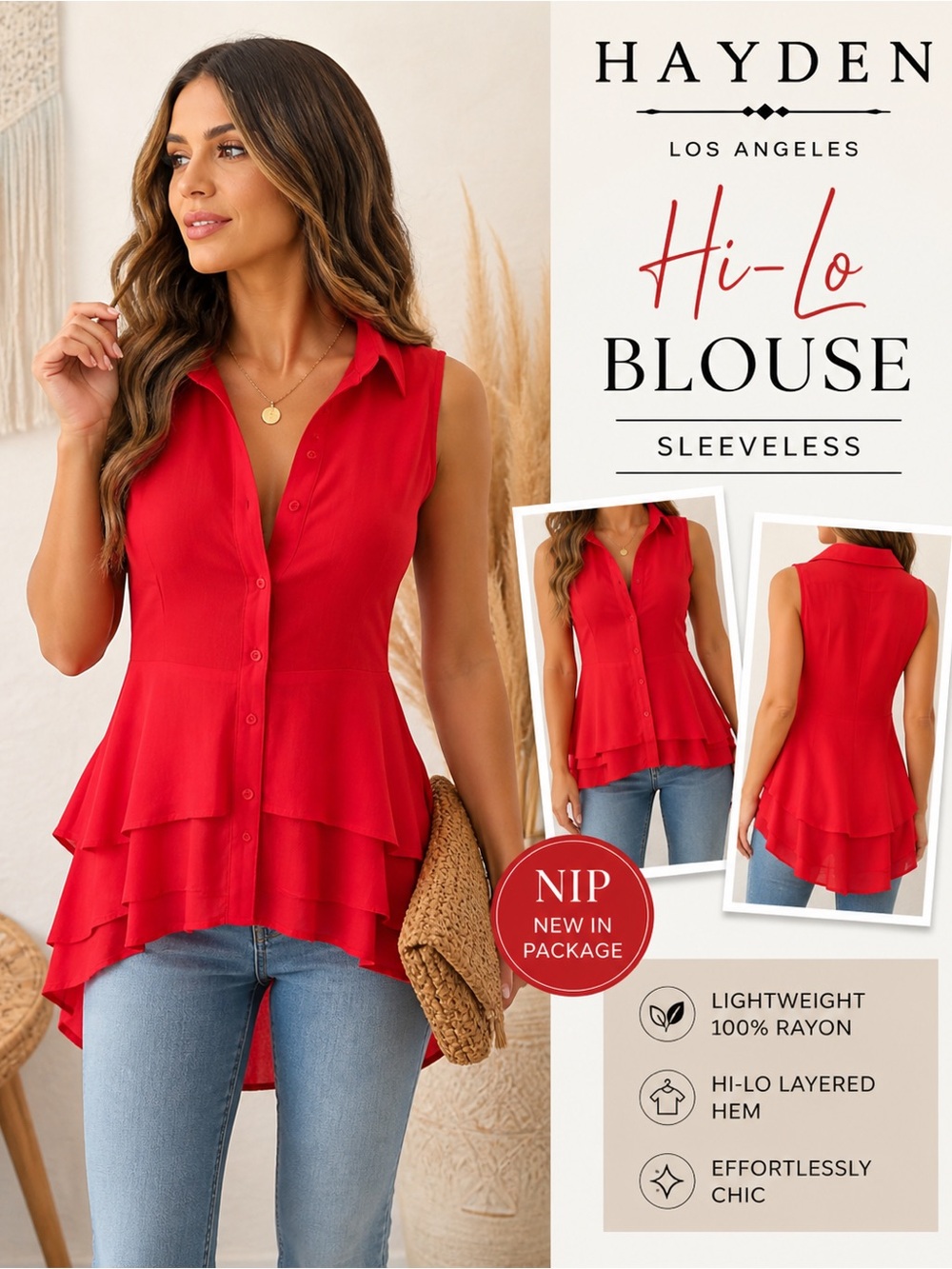 Hayden Los Angeles Red Hi-Lo Blouse NIP Sleeveless Button Front S - A6